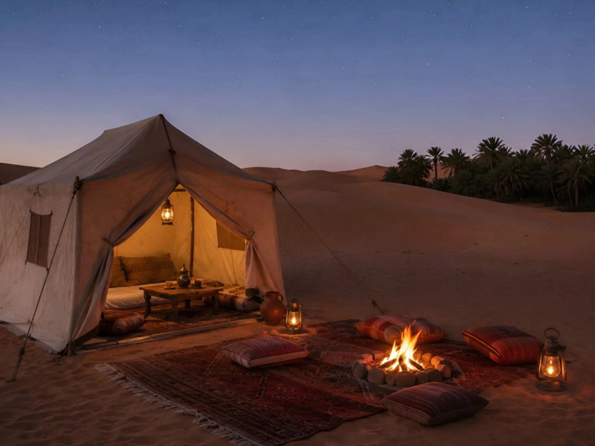 Luxury desert tent interior illuminated at night