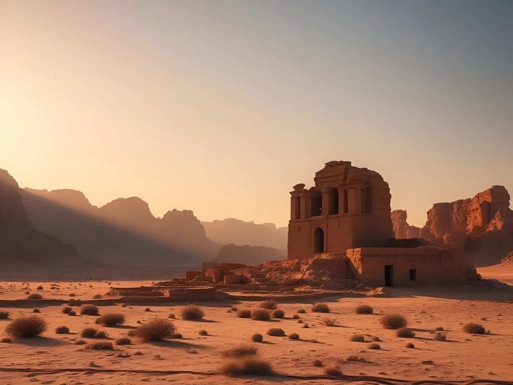 Ancient ruins in the Arabian desert at golden hour