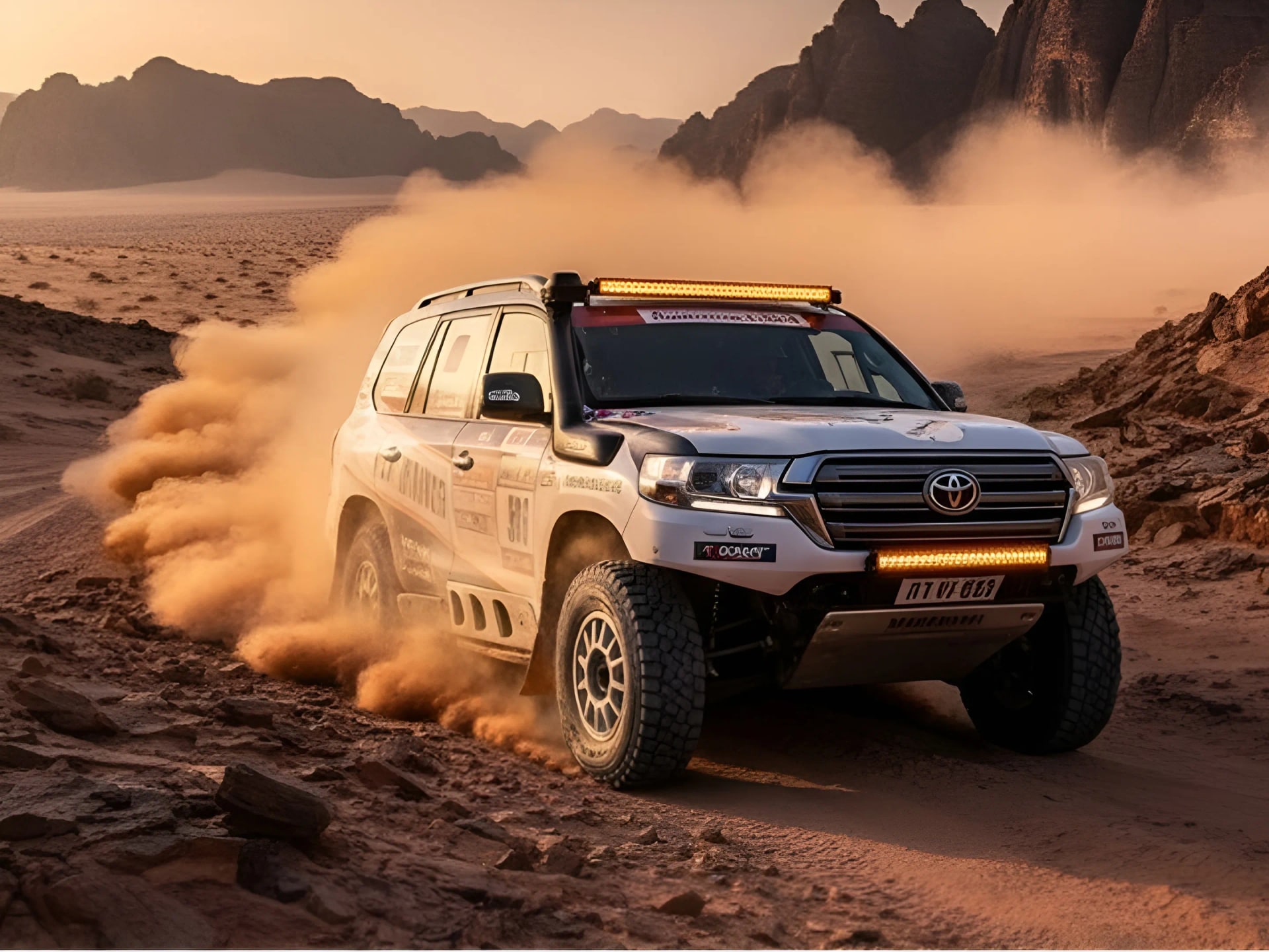 4x4 vehicle kicking up dust across sand dunes