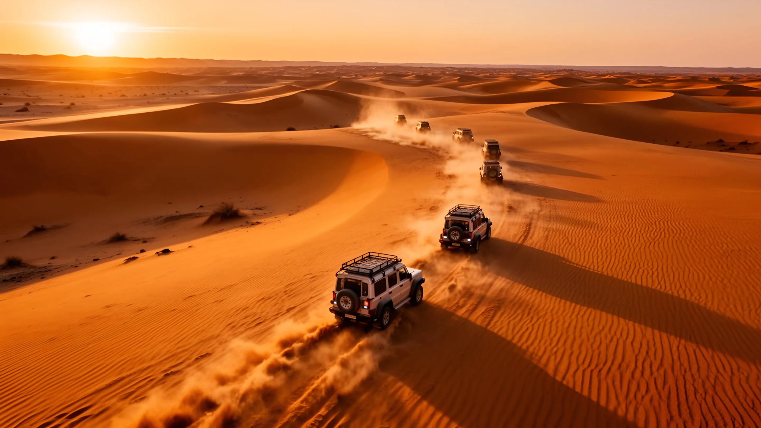 4x4 vehicles crossing sand dunes at sunset in Saudi Arabia